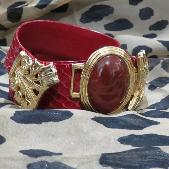 Judith Leiber Accessories - Vintage Judith Leiber Red Jeweled Embellished Snakeskin Adjustable Leather Belt